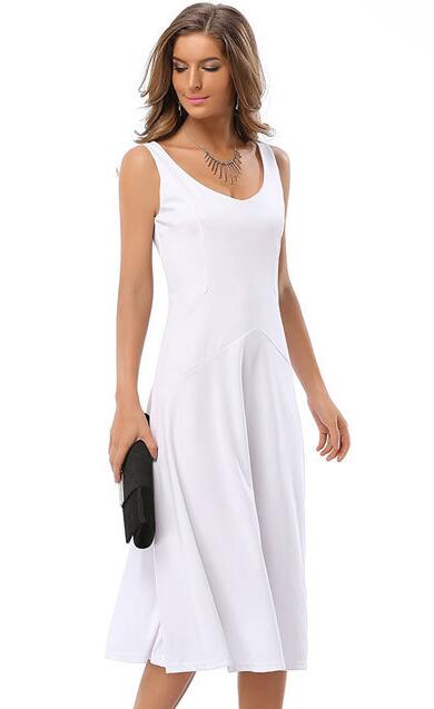 F2500 ELEGANT SLEEVELESS WHITE FIT AND FLARED GOING OUT MIDI DRESS